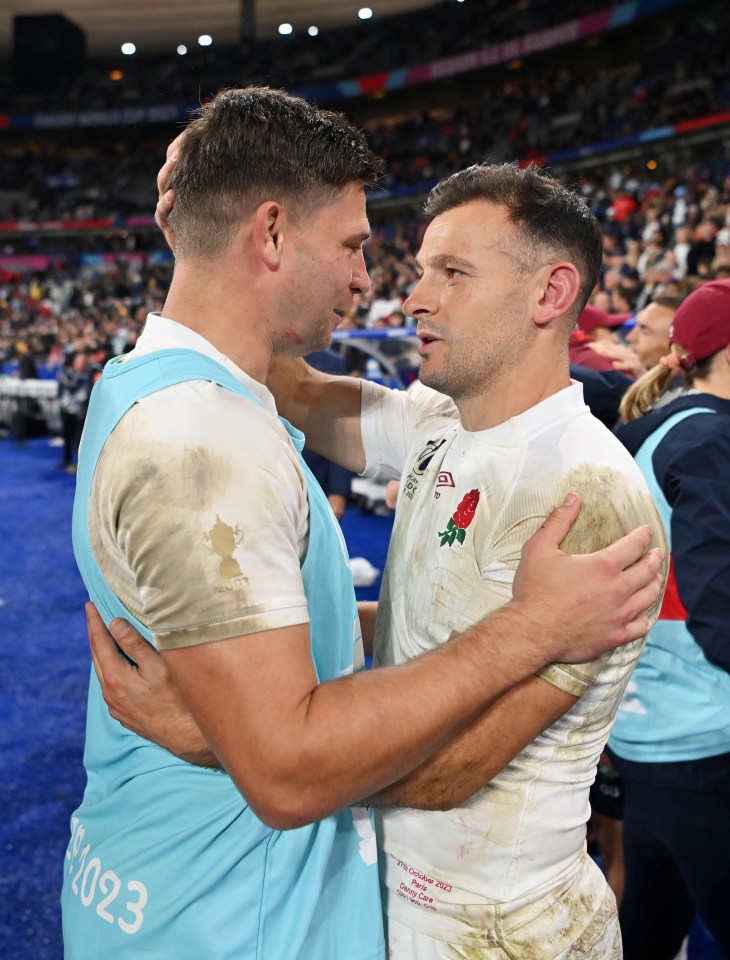 Outgoing Ben Youngs embraces Danny Care after a tense England win
