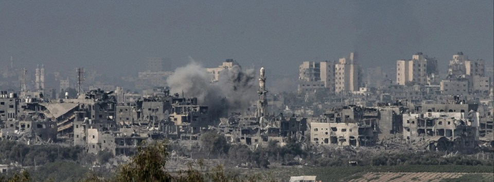 SDEROT, ISRAEL - OCTOBER 28: Smoke rises amid destroyed buildings in Gaza seen from Sderot as Israeli attacks continue on the 22nd day in Sderot, Israel on October 28, 2023. (Photo by Mostafa Alkharouf/Anadolu via Getty Images)