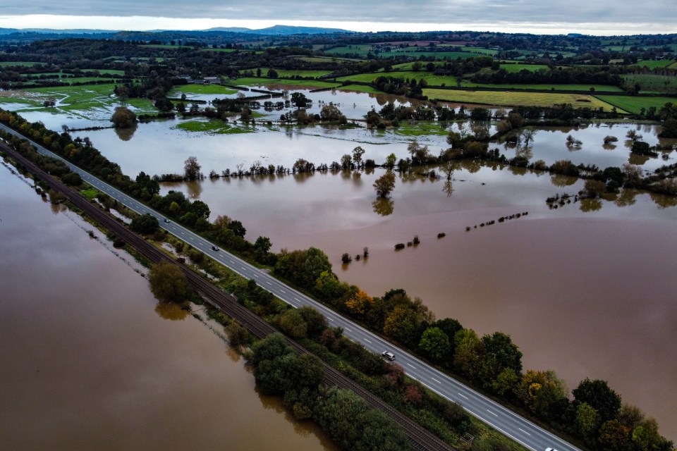 Flooded fields around the River Lugg near Leominster, on Sunday