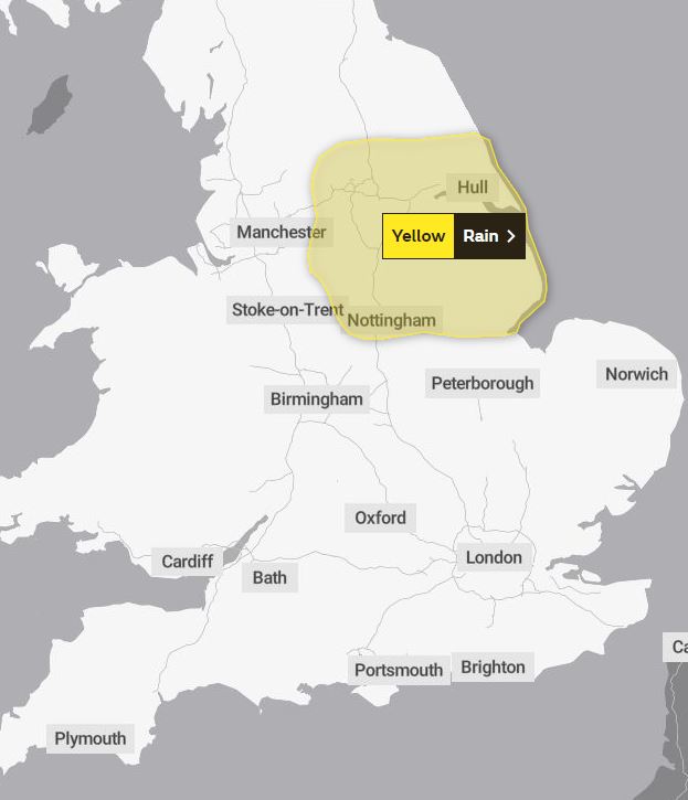 The Met Office has issued a yellow weather warning for rain