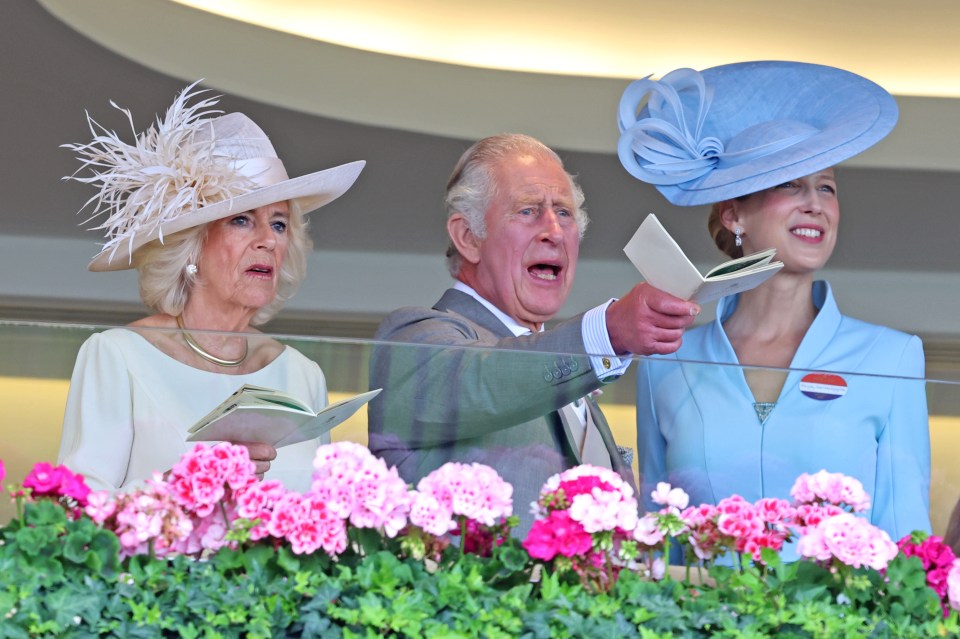  Queen Camilla, King Charles III and Lady Gabriella Kingston at Royal Ascot in 2023