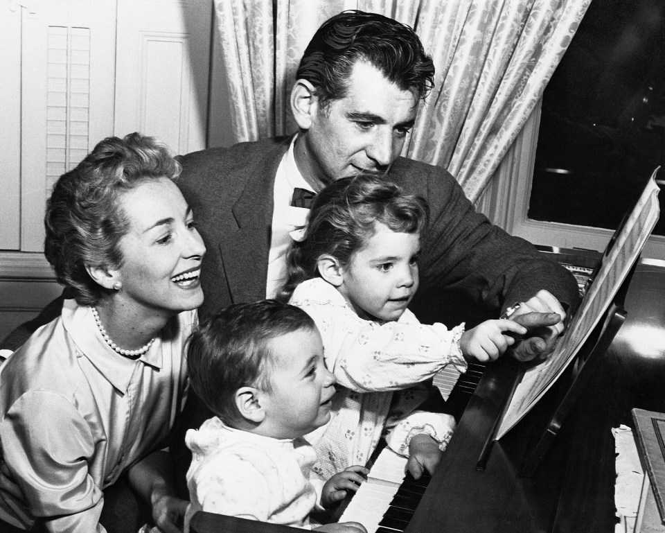 At 25 Leonard became an overnight sensation when he filled in for the orchestra’s regular conductor, pictured in 1957 with Felicia, Jamie and Alexander