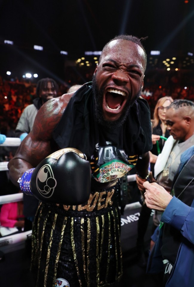 BROOKLYN, NEW YORK - OCTOBER 15: Deontay Wilder celebrates after knocking out Robert Helenius in the first round during their WBC world heavyweight title eliminator bout at Barclays Center on October 15, 2022 in Brooklyn, New York. (Photo by Al Bello/Getty Images)