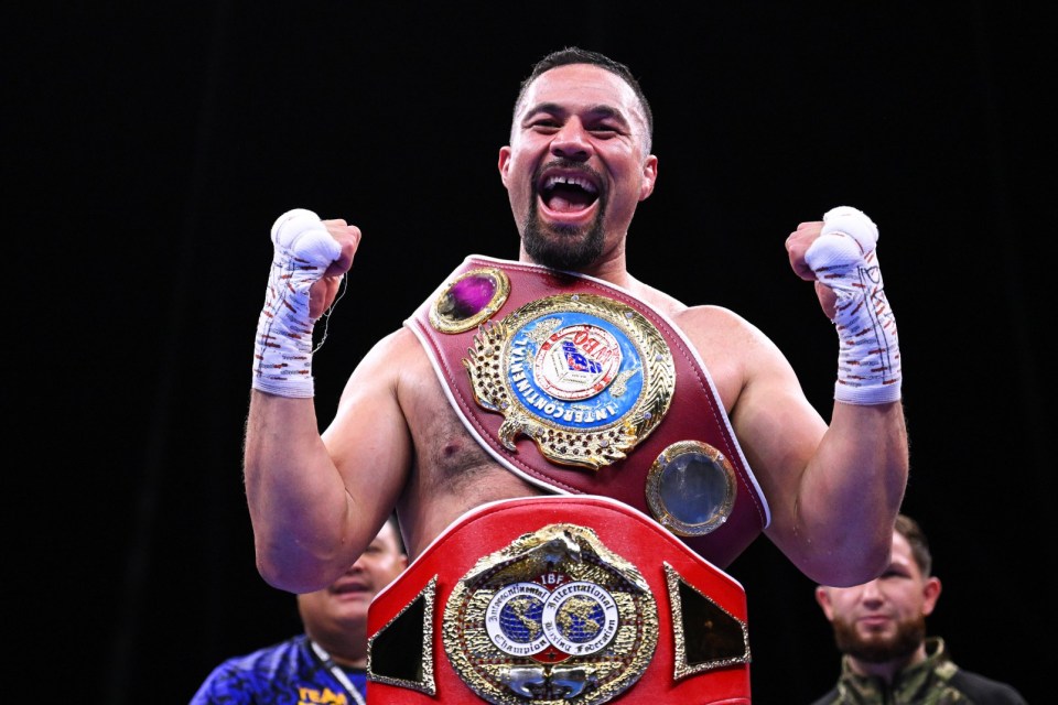 RIYADH, SAUDI ARABIA - OCTOBER 28: Joseph Parker celebrates victory over Simon Kean (not pictured) after the IBF and WBO Inter-Continental Heavyweight fight between Joseph Parker and Simon Kean at Boulevard Hall on October 28, 2023 in Riyadh, Saudi Arabia. (Photo by Justin Setterfield/Getty Images)