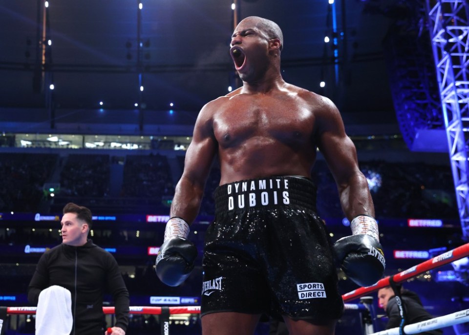 LONDON, ENGLAND - DECEMBER 03: Daniel Dubois celebrates after defeating Kevin Lerena, during their WBA heavyweight championship fight, at Tottenham Hotspur Stadium on December 03, 2022 in London, England. (Photo by Mikey Williams/Top Rank Inc via Getty Images)