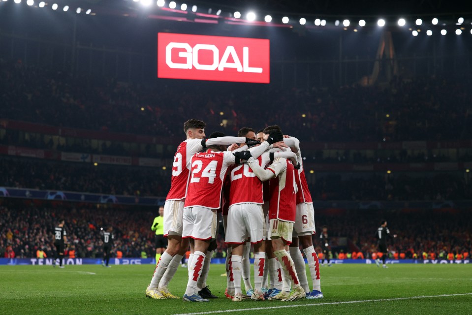 Arsenal's Italian midfielder #20 Jorginho celebrates scoring his team's sixth goal during the UEFA Champions League Group B football match between Arsenal and RC Lens at the Arsenal Stadium in north London on November 29, 2023. (Photo by Adrian DENNIS / AFP) (Photo by ADRIAN DENNIS/AFP via Getty Images)