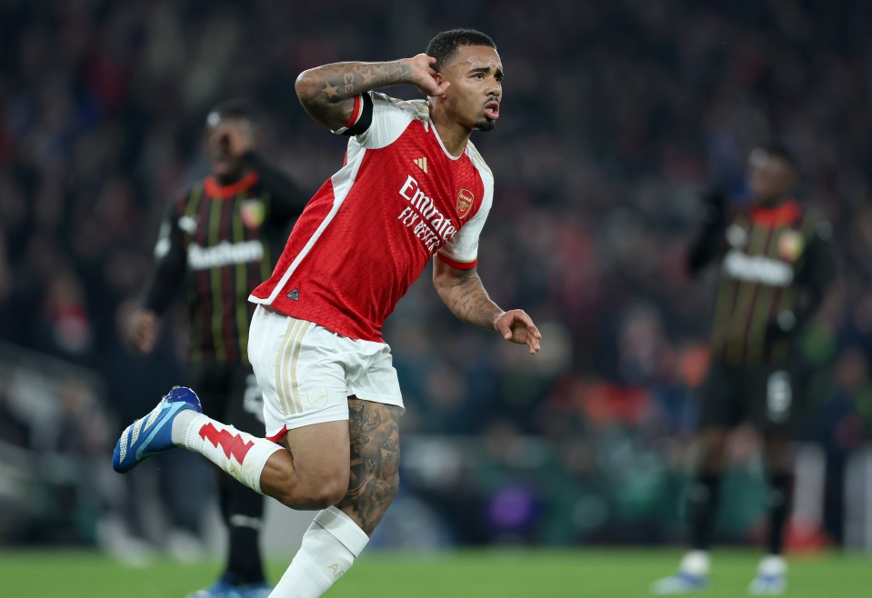 LONDON, ENGLAND - NOVEMBER 29: Gabriel Jesus of Arsenal celebrates 2nd goal during the UEFA Champions League match between Arsenal FC and RC Lens at Emirates Stadium on November 29, 2023 in London, United Kingdom. (Photo by Nigel French/Sportsphoto/Allstar via Getty Images)