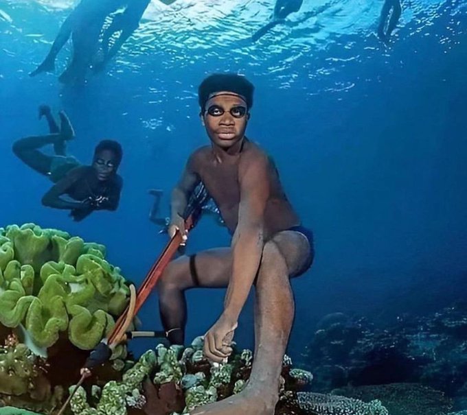 The fishermen dive using only wooden goggles and a weight belt