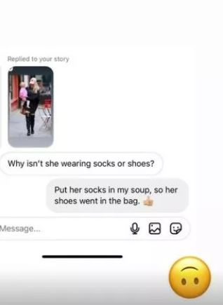 The Instagram user asked her where the tot's shoes and socks were