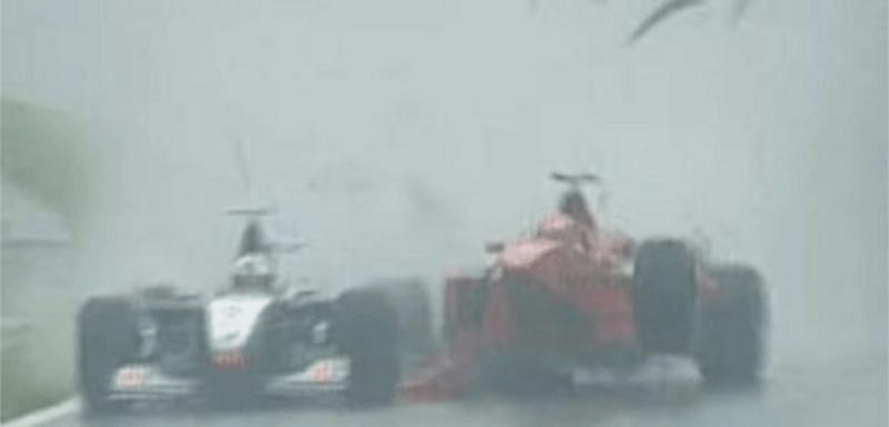Moment Schumacher whizzed on and crashed into the back of the Coulthard’s McLaren