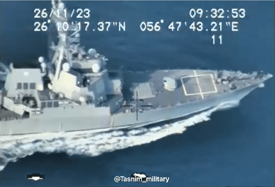 Iranian drones  flew close to the US strike group as it passed through the Strait of Hormuz in a 'direct warning'