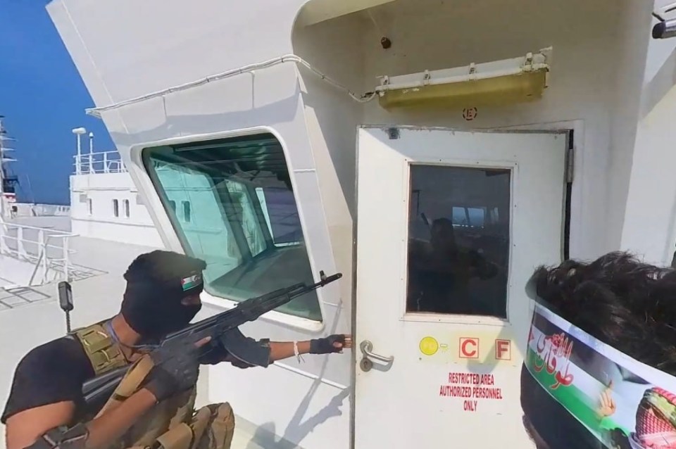 RED SEA - NOVEMBER 20: (----EDITORIAL USE ONLY - MANDATORY CREDIT - 'HOUTHIS MEDIA CENTER / HANDOUT' - NO MARKETING NO ADVERTISING CAMPAIGNS - DISTRIBUTED AS A SERVICE TO CLIENTS----) A screen grab captured from a video shows that cargo ship 'Galaxy Leader', co-owned by an Israeli company, being hijacked by Iran-backed Houthis from Yemen in the Red Sea on November 20, 2023. (Photo by Houthis Media Center / Handout /Anadolu via Getty Images)