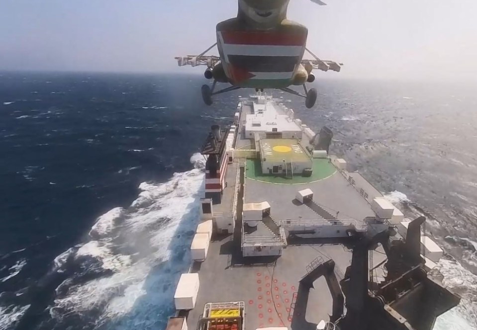 RED SEA - NOVEMBER 20: (----EDITORIAL USE ONLY - MANDATORY CREDIT - 'HOUTHIS MEDIA CENTER / HANDOUT' - NO MARKETING NO ADVERTISING CAMPAIGNS - DISTRIBUTED AS A SERVICE TO CLIENTS----) A screen grab captured from a video shows that cargo ship 'Galaxy Leader', co-owned by an Israeli company, being hijacked by Iran-backed Houthis from Yemen in the Red Sea on November 20, 2023. (Photo by Houthis Media Center / Handout /Anadolu via Getty Images)