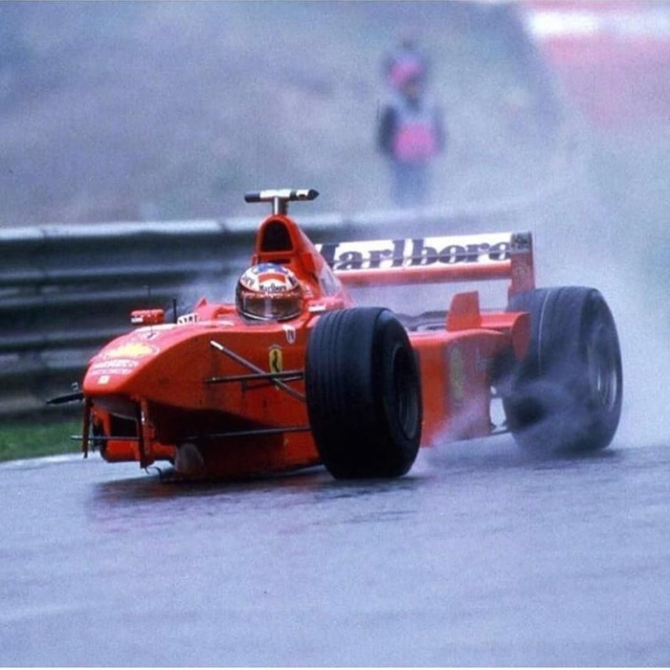 The right front wheel of Schumacher's Ferrari was torn off after the dramatic crash