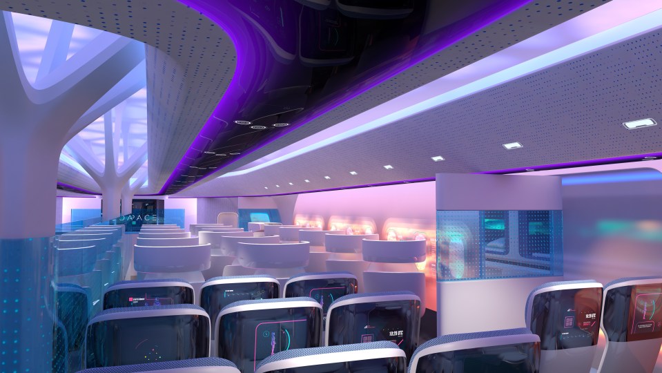 The futuristic jet includes a more spacious seating area than typically seen in regular airplanes