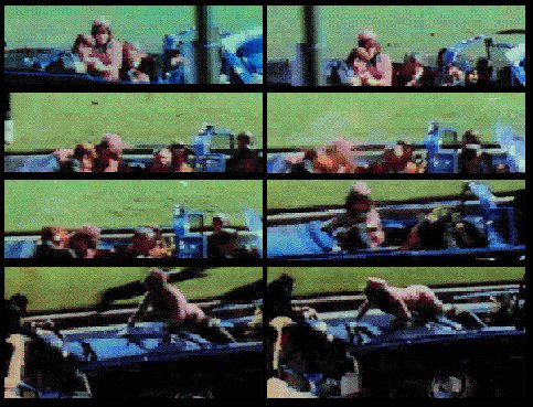 ...stills from the zapruder 8mm footage of the John F Kennedy assasination showing Kennedy and Jacqueline in the car before, during and after the shooting...downloaded from the internet