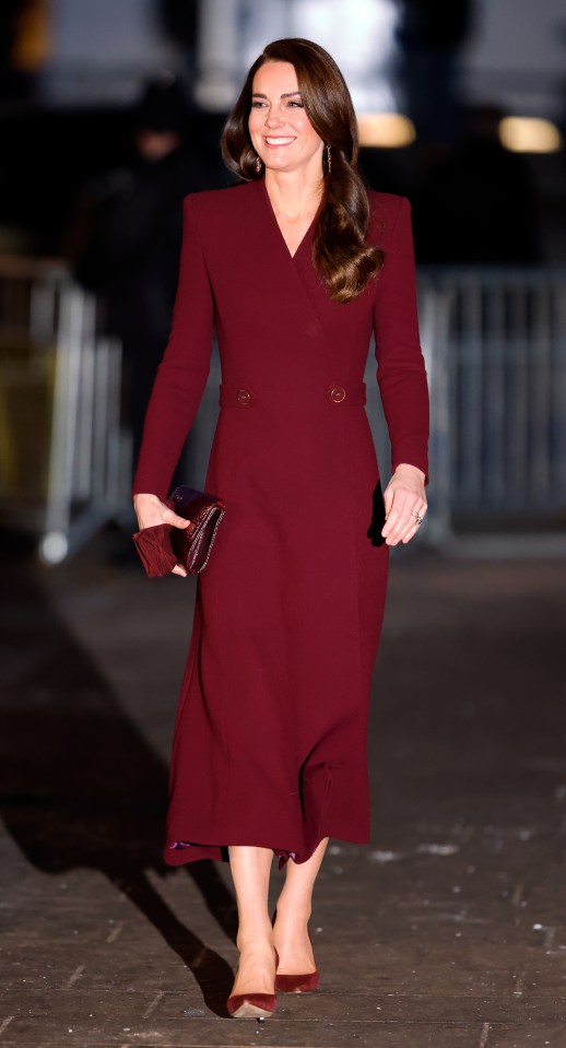 At last year's carol service, Kate opted for a deeper shade of red