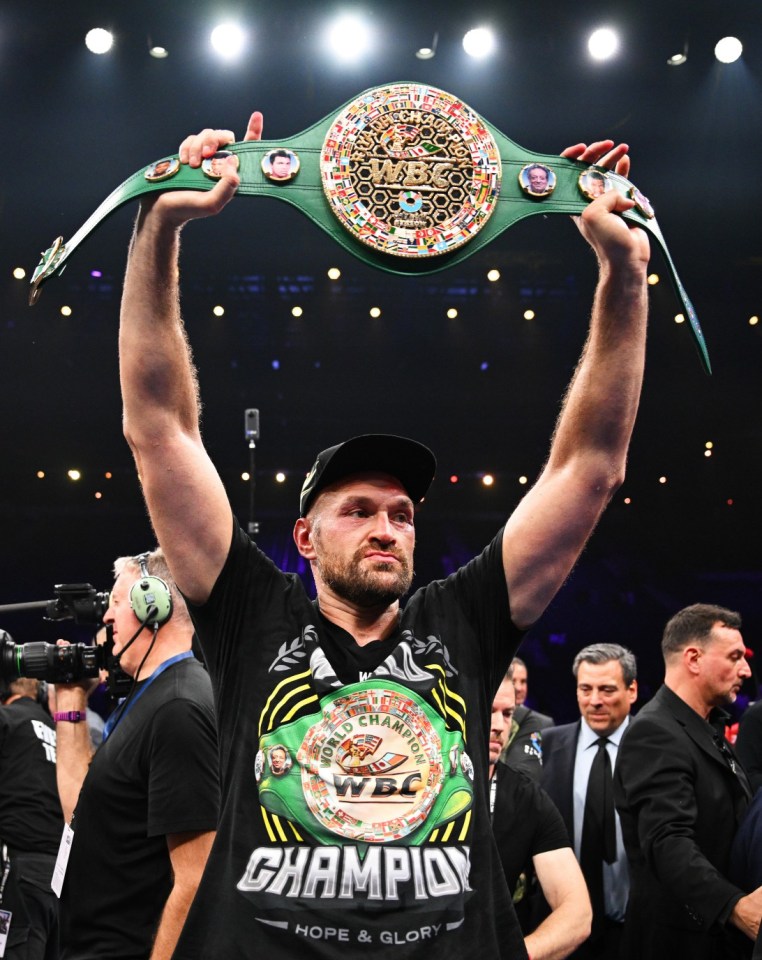 RIYADH, SAUDI ARABIA - OCTOBER 28: Tyson Fury holds up his WBC World Heavyweight belt after victory in the Heavyweight fight between Tyson Fury and Francis Ngannou at Boulevard Hall on October 28, 2023 in Riyadh, Saudi Arabia. (Photo by Justin Setterfield/Getty Images)