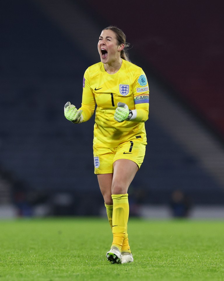 GLASGOW, SCOTLAND - DECEMBER 05: Mary Earps of England celebrates their team's sixth goal during the UEFA Womens Nations League match between Scotland and England at Hampden Park on December 05, 2023 in Glasgow, Scotland. (Photo by Ian MacNicol - The FA/The FA via Getty Images)