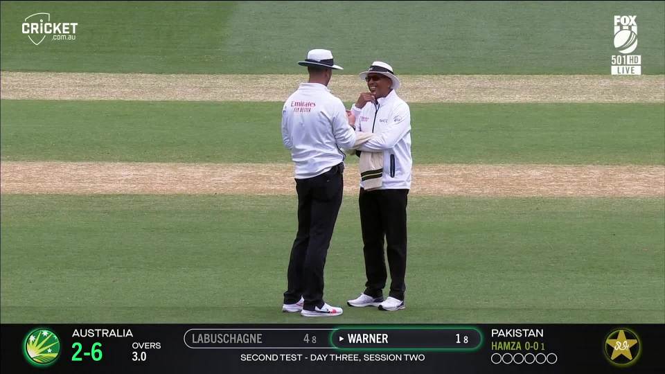 The two umpires were made to wait as TV umpire Richard Illingworth was stuck in a lift