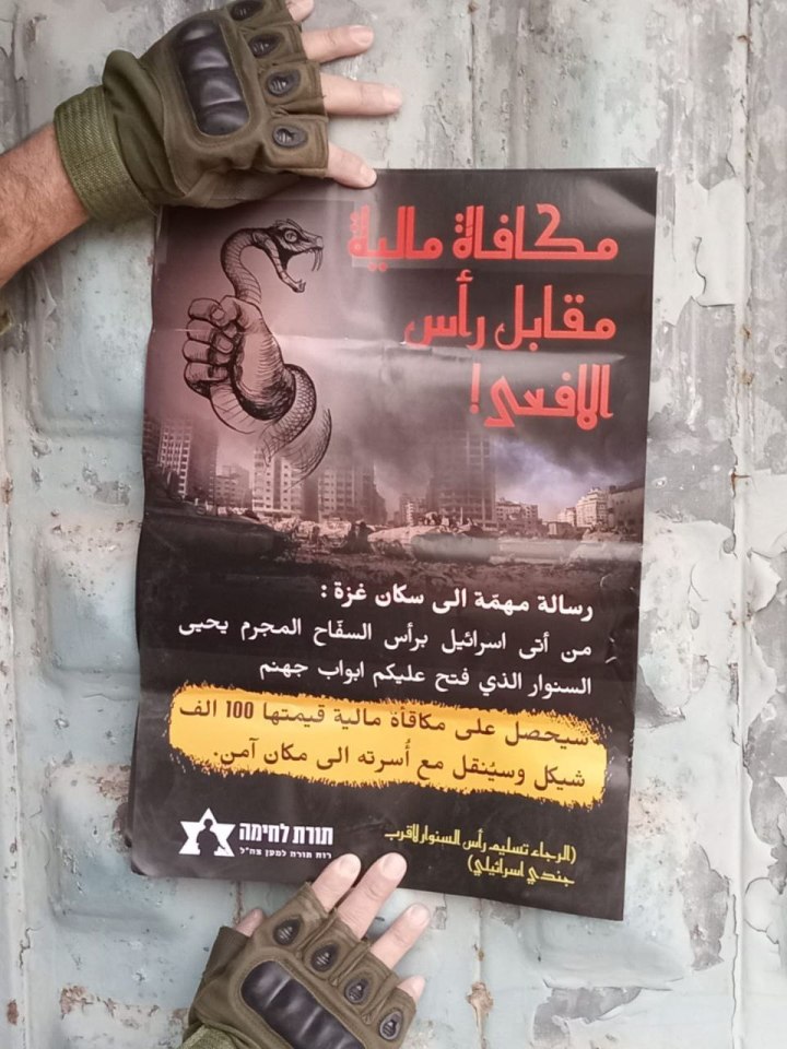 Posters in Arabic have also appeared across Gaza offering a big cash reward for Sinwar's death