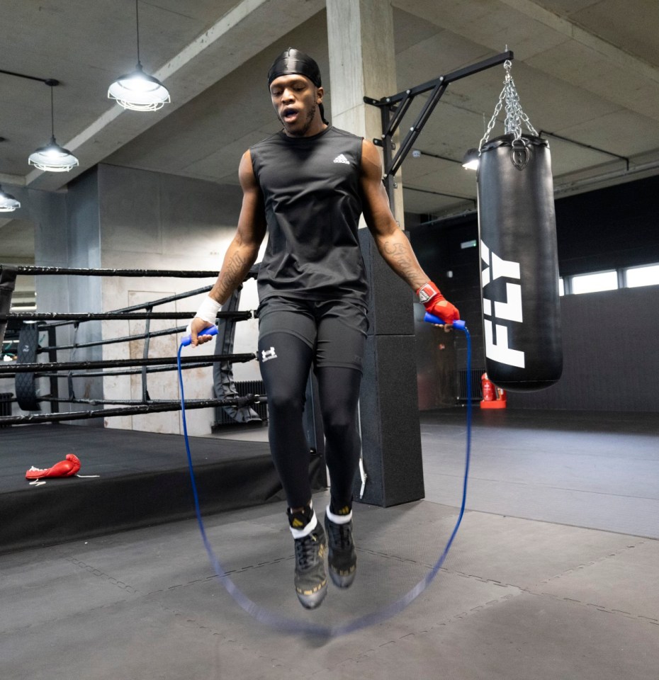 Sun sport - Rapper/ Boxer KSI, ( Real name - Olajide Olayinka Williams "JJ" Olatunji) Pictured during a training session for his upcoming fight and talking to sun sports Jack Figg at his Gym near Wembley.