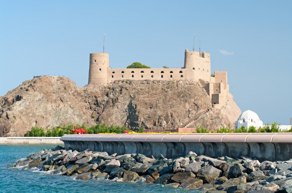 Portuguese forts that look like sandcastles can be seen on Muscat Bay