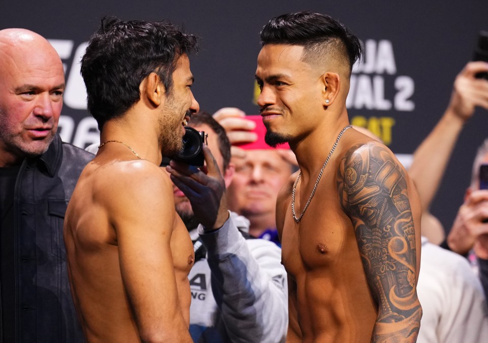 LAS VEGAS, NEVADA â DECEMBER 15: (L-R) Opponents Alexandre Pantoja of Brazil and Brandon Royval face off during the UFC 296 ceremonial weigh-in at MGM Grand Garden Arena on December 15, 2023 in Las Vegas, Nevada. (Photo by Chris Unger/Zuffa LLC via Getty Images)