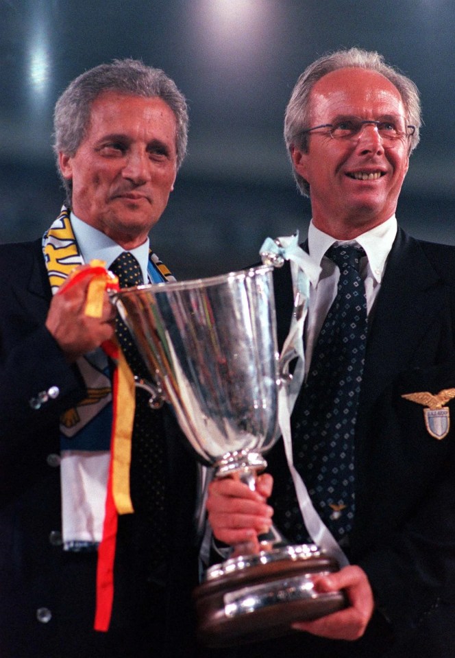 Eriksson, pictured with ex-Lazio Owner Sergio Cragnotti, won the Serie A title and European Cup Winners' Cup