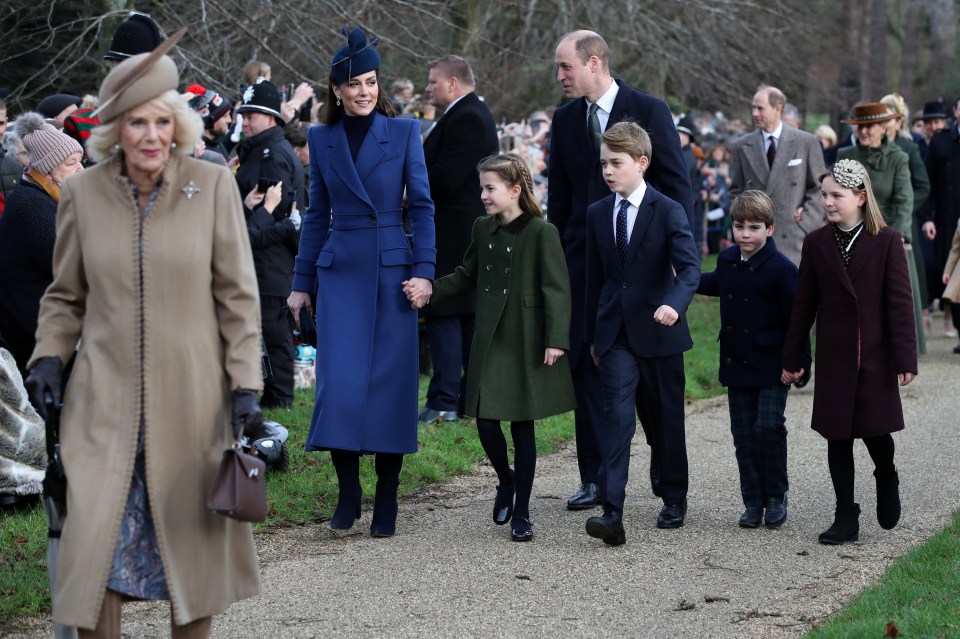 The Prince and Princess of Wales with their children and Queen Camilla walking to a Christmas Day service.