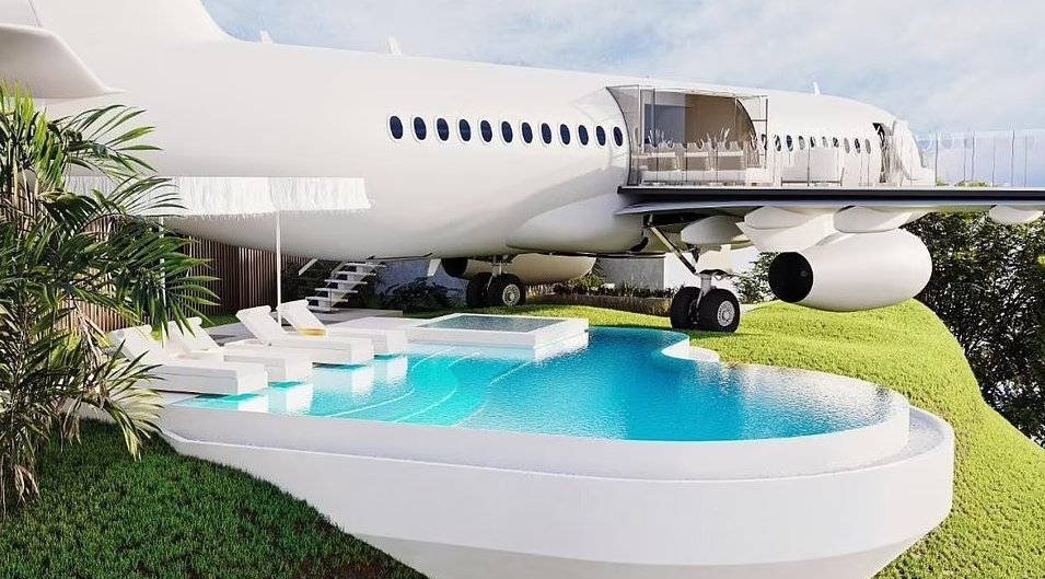 An infinity pool nestled under the side of the jet