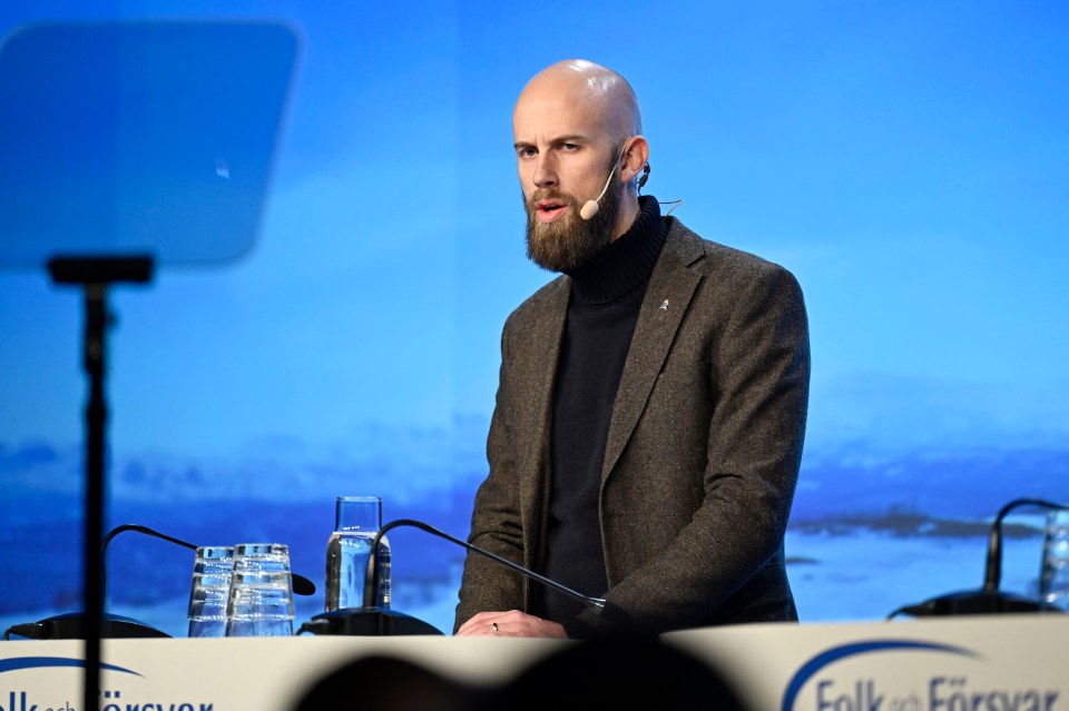 Swedish civil defence minister Carl-Oskar Bohlin speaking at the Society and Defence National Conference in Sälen, Sweden January 7, 2023