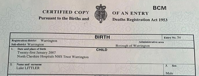 Littler’s birth certificate confirms he is 16