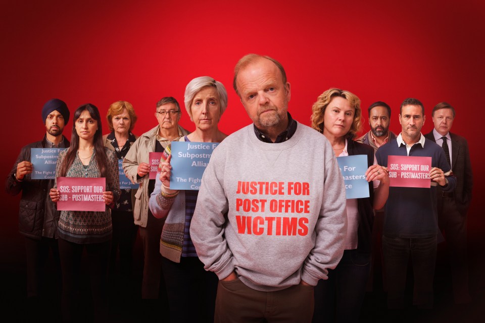 ITV STUDIOS.MR BATES Vs POST OFFICE....Pictured: AMIT SHAH as Jas,KRUPA PATTANI as Sam,LESLEY NICOL as Pam,IFAN HUW DAFYDD as Noel,JULIE HESMONDHALGH as Suzanne,TOBY JONES as Alan Bates,MONICA DOLAN as Jo,ASIF KHAN as Mohammad,WILL MELLOR as Lee and SHAUN DOOLEY as Rudkin...This photograph is (C) ITV Plc and can only be reproduced for editorial purposes directly in connection with the programme or event mentioned above, or ITV plc. This photograph must not be manipulated [excluding basic cropping] in a manner which alters the visual appearance of the person photographed deemed detrimental or inappropriate by ITV plc Picture Desk. This photograph must not be syndicated to any other company, publication or website, or permanently archived, without the express written permission of ITV Picture Desk. Full Terms and conditions are available on the website www.itv.com/presscentre/itvpictures/terms..For further information please contact:.patrick.smith@itv.com