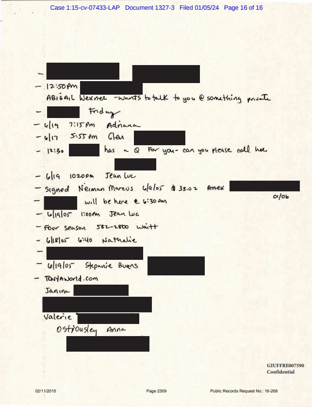 A note of phone messages left for Epstein