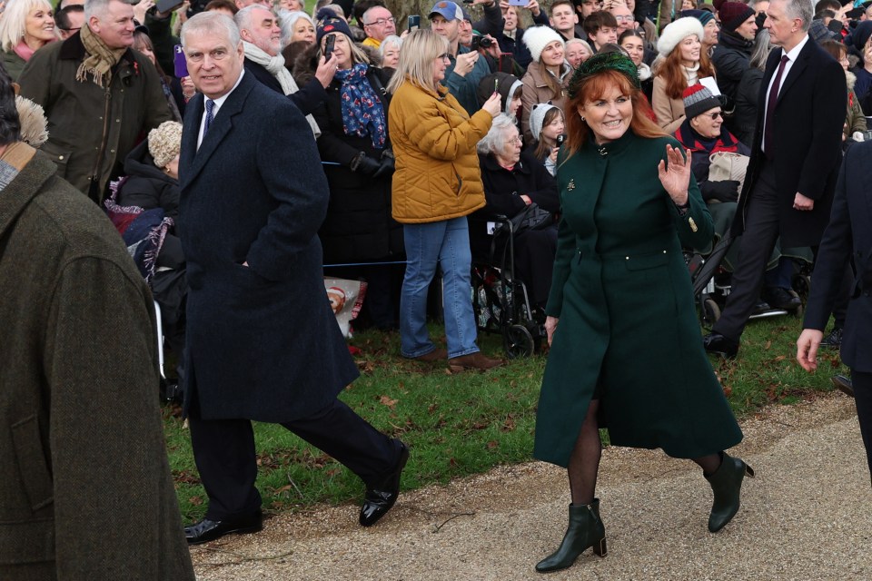 Sarah Ferguson waved to crowds while walking to church on Christmas Day with Prince Andrew