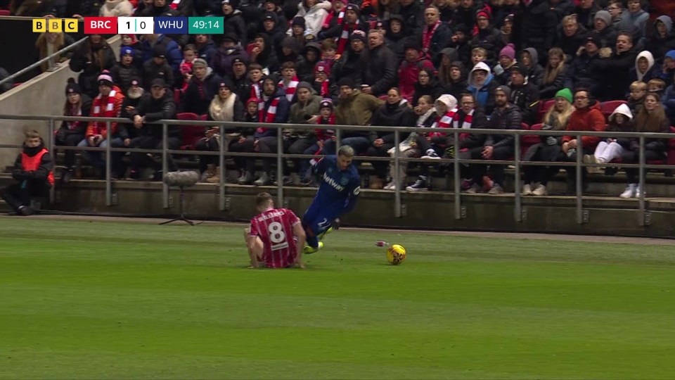 Benrahma kicked out after being on the receiving end of this tackle from Joe Williams