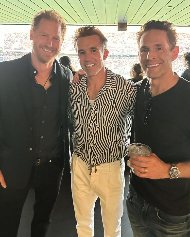 Prince Harry, Rob McElhenney and Glenn Howerton posed for a photo at BMO Stadium in Los Angeles in September