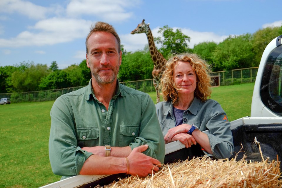 Ben Fogle and Kate Humble filming in an giraffe reserve for the BBC One series