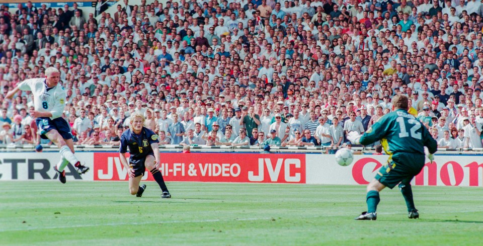 Euro 96 Paul Gascoigne scores against Scotland during Euro 96 Pic Richard Pelham