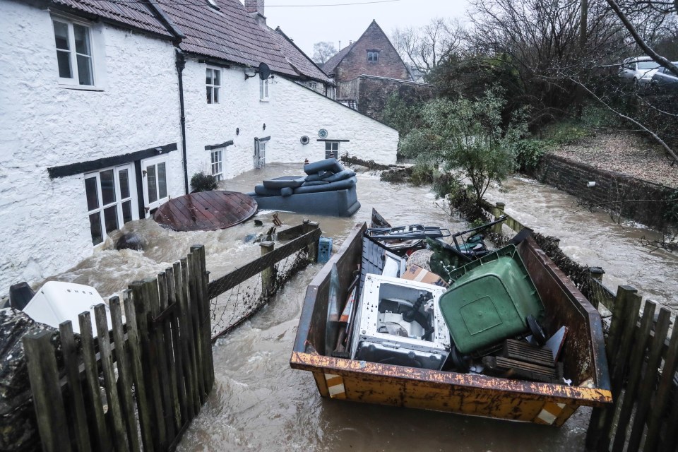 Flood water devastated properties in Croscombe, Somerset