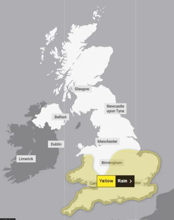 Yellow warnings for rain are in place across much of England and Wales on Saturday and Sunday