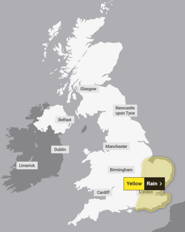 The yellow weather warning covers most of the south east, London and East Anglia