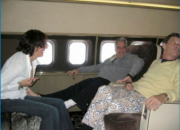 Brunel - wearing the yellow jumper - pictured on a private jet with Epstein and Maxwell