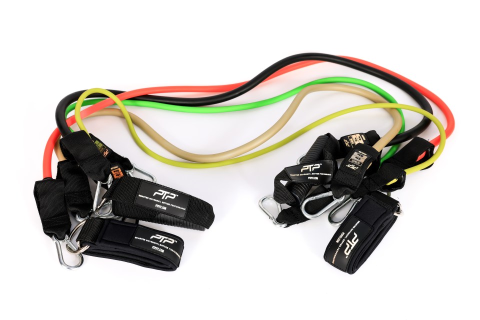 The PTP Total Resistance System can be used for a variety of exercises with different resistance levels (depending on the colour band)
