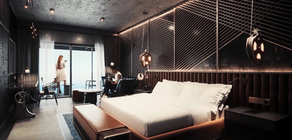 The luxury bedrooms in the mega hotel on The Rig