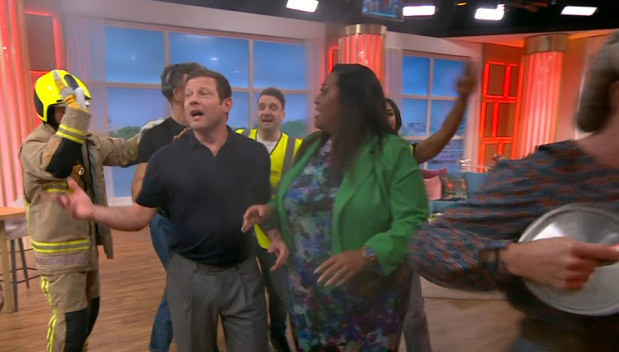 Friday hosts Alison and Dermot were evacuated in a fire as smoke alarms blared out