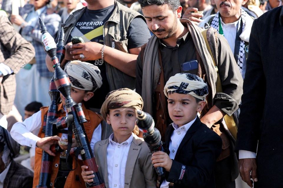 Children attend a weekly rally organised by the Houthis called ‘We Are With Gaza Until Victory’ in Sanaa