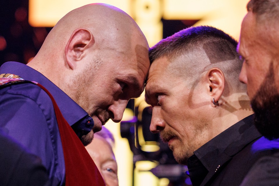 Tyson Fury facing off with Oleksandr Usyk