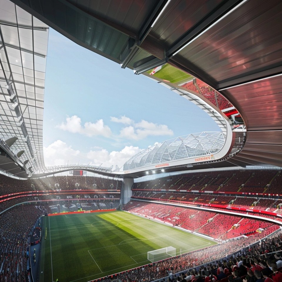 The new stadium could have a 100,000 capacity with a curved roof wrapping around fans on matchdays, with Sir Jim hoping to bring big events to the North of England